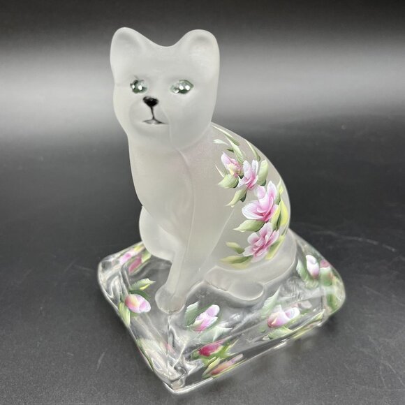Handpainted Clear Satin Glass Cat Figurine Sitting On Pillow Paperweight Floral - Picture 1 of 11